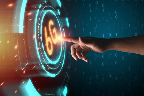 Hand touching to virtual info graphics with 6G technology, 6G is 6 generation Stock Photos