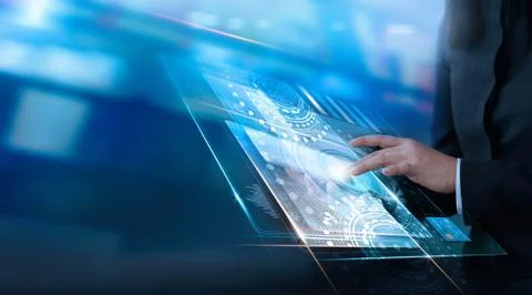 Hand touching virtual interface customer, technology innovation Stock Photos