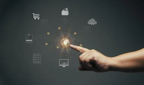 Hand touching virtual screen access to information digital media through a hi Stock Photos