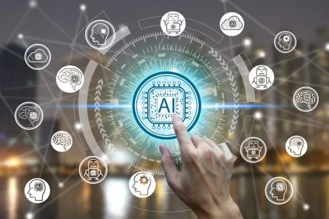 Hand touching virtual screen Artificial Intelligence technology icon over the Stock Photos