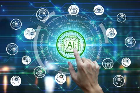 Hand touching virtual screen Artificial Intelligence technology icon over the Foto stock
