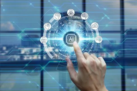 Hand touching virtual screen Artificial Intelligence technology icon over the Stock Photos
