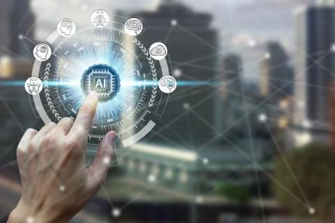 Hand touching virtual screen Artificial Intelligence technology icon over the Stock-Fotos