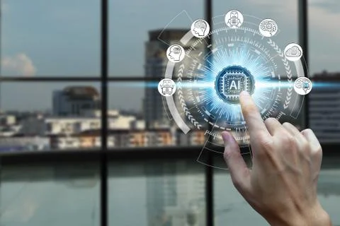 Hand touching virtual screen Artificial Intelligence technology icon over the Stock Photos