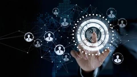 Hand touching virtual screen global customer network connection Foto stock