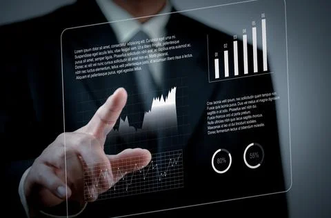 Hand touching virtual screen graph and chart data analysis and big data busin Stock Photos