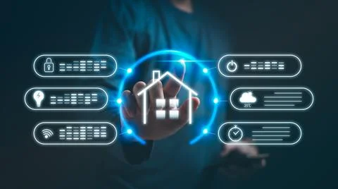 Hand Touching Virtual Screen Icon Technology Home Care Assistant, Digital D.. Stock Photos