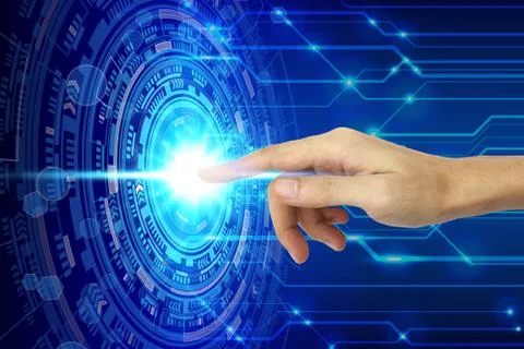 Hand touching virtual screen technology, Technology Concept. 스톡 사진