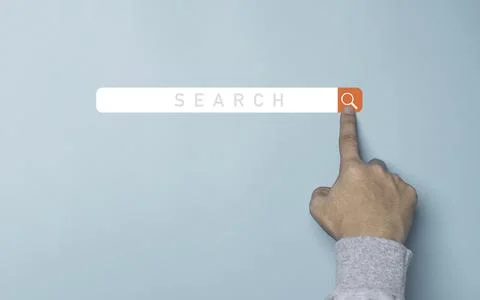 Hand touching to virtual search engine browser, information technology concept Stock Photos