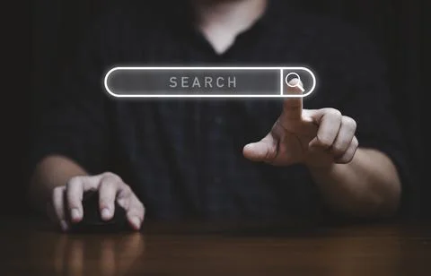 Hand touching to virtual search icon to SEO or search Engine Optimisation f.. 스톡 사진