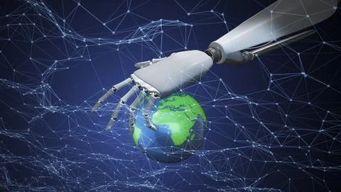 Hand touching virtual world with connection network Stock Illustration