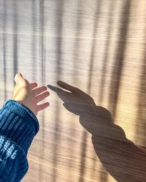 Hand touching the wall exposed to sunlight on wooden background Stock Photos