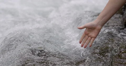 Hand touching water in the forest river or lake. People travel enjoying nature Stock Footage 157457267