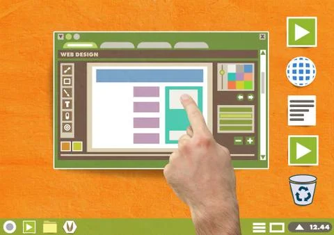 Hand touching Web design editor window and Folder and files icons on Paper cut Stock Photos