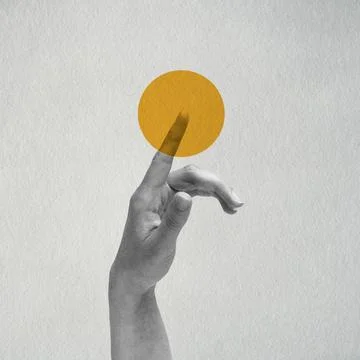 Hand touching yellow circle on gray background 스톡 일러스트