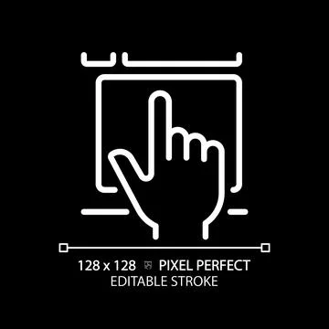 Hand with touchpad pixel perfect white linear icon for dark theme Stock Illustration