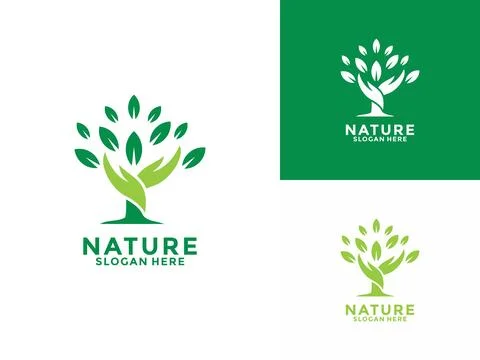 Hand Tree logo vector. Hand with Tree and Leaf logo design. Nature Green Le.. Stock Illustration