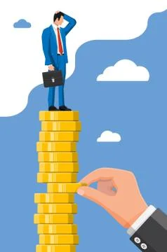Hand tries to pull coin out of coin stack Stock Illustration