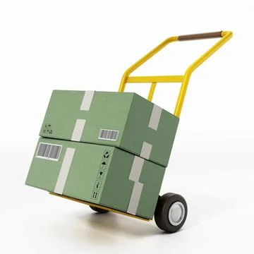 Hand trolley with cargo boxes isolated on white background. 3D illustration Illustrazione stock