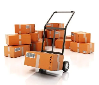 Hand trolley with cargo boxes isolated on white background. 3D illustratio... Photos