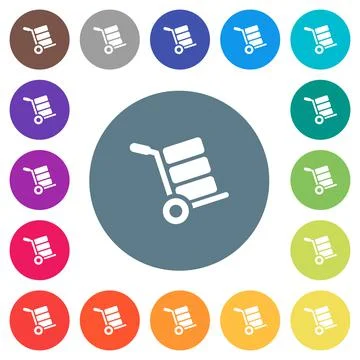 Hand truck with boxes flat white icons on round color backgrounds 스톡 일러스트