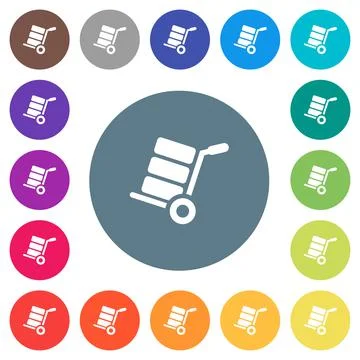 Hand truck with boxes flat white icons on round color backgrounds 스톡 일러스트