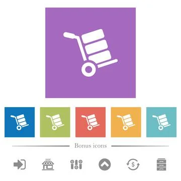 Hand truck with boxes flat white icons in square backgrounds Illustrazione stock
