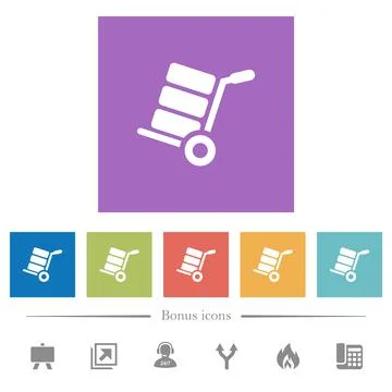Hand truck with boxes flat white icons in square backgrounds Illustrazione stock