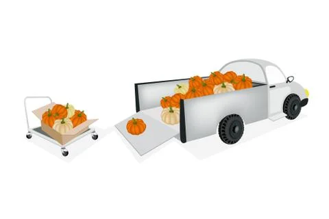 Hand Truck Loading Fresh Pumpkins into Pickup Truck Ilustración de archivo