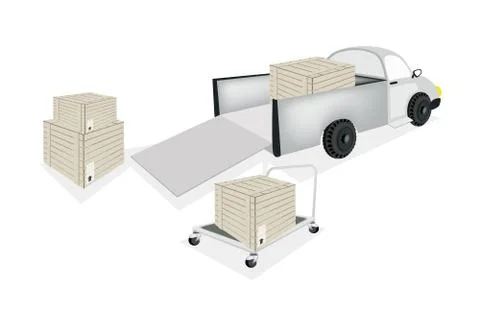 Hand Truck Loading Shipping Box into A Pickup Truck Stock Illustration