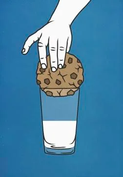 Hand trying to dip large cookie into glass of milk Illustrazione stock