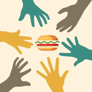 Hand trying to grab hamburger, Fast food, grab and go, burgers Stock Illustration