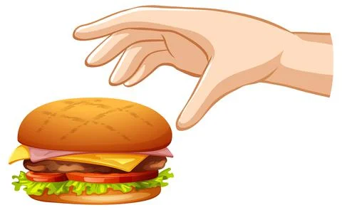 Hand trying to grab hamburger on white background Stock Illustration