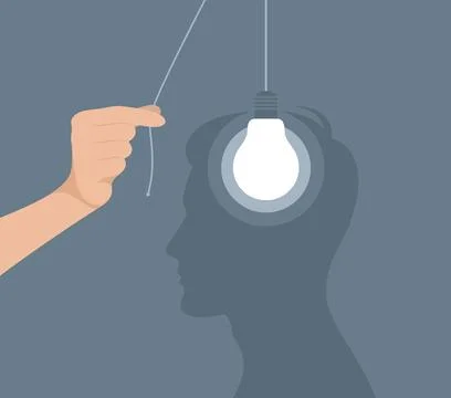 A hand turning on a light bulb in the head of a male silhouette Stock Illustration