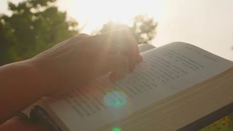 Hand Turning Page of Open Book Outdoors at Sunset Stock Footage 336561889