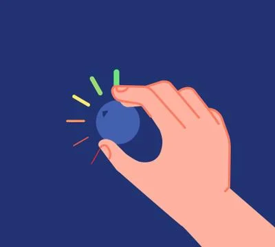 Hand turns button. Low high levels, volume equalizer or change reduction knob Stock Illustration