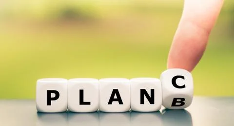Hand turns dice and changes the expression "plan b" to "plan c". Stock Photos