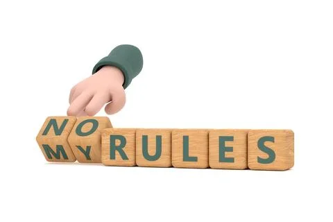 Hand turns dice and changes the expression no rules to my rules. Stock Photos