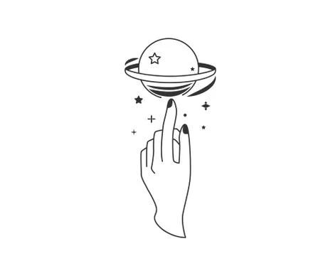 Hand twists galaxy space at the finger. Vector illustration in simple flat line Stock Illustration