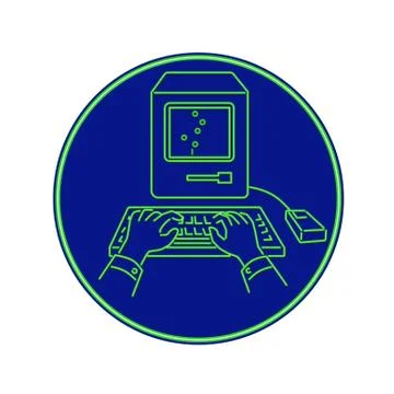 Hand Typing Classic Computer Neon Sign Oval Stock Illustration