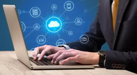 Hand typing with cloud technology system concept Stock Photos