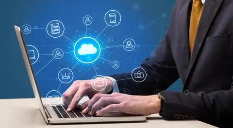 Hand typing with cloud technology system concept Stock Photos