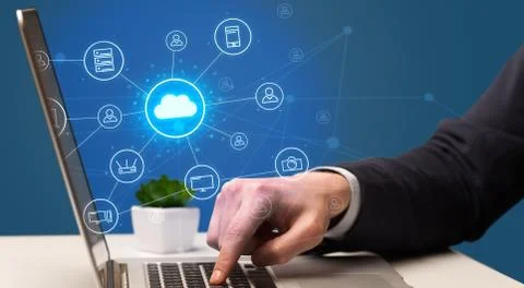 Hand typing with cloud technology system concept Stock Photos