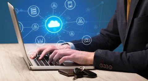 Hand typing with cloud technology system concept Stock Photos