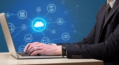 Hand typing with cloud technology system concept Stock Photos