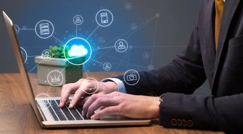 Hand typing with cloud technology system concept Stock Photos