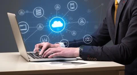 Hand typing with cloud technology system concept Stock Photos