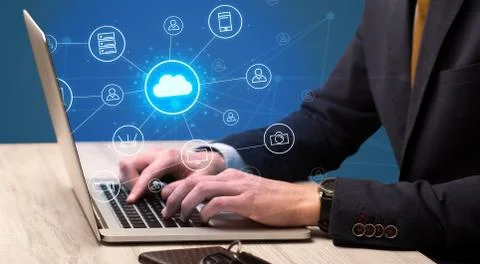 Hand typing with cloud technology system concept Stock Photos