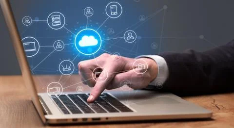 Hand typing with cloud technology system concept Stock Photos