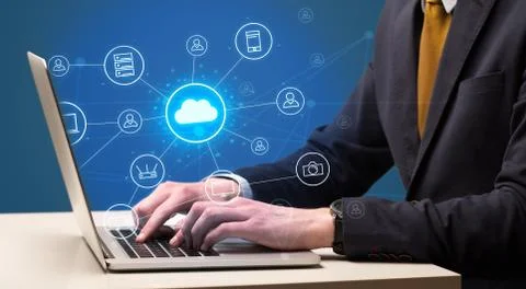 Hand typing with cloud technology system concept Stock Photos